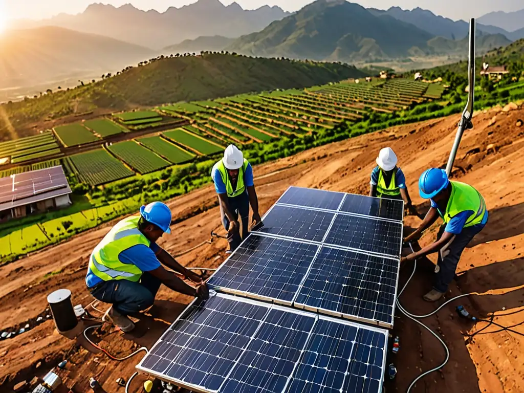 Equipo internacional de ingenieros y técnicos colaborando en la instalación de paneles solares en una comunidad rural