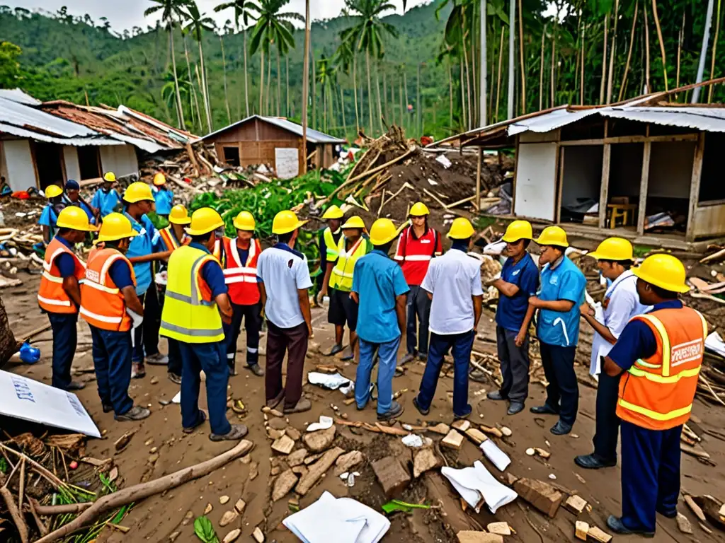 Un equipo internacional de trabajadores de ayuda colabora con expertos locales en la gestión de desastres ambientales en un área boscosa