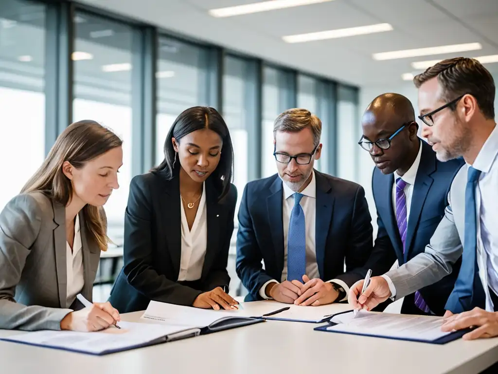 Equipo legal de empresa de tecnología limpia analizando riesgos e inversiones en oficina moderna y luminosa