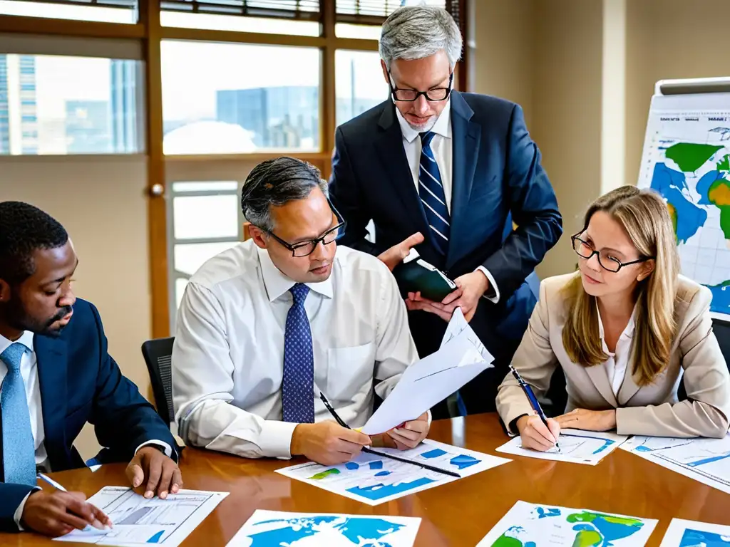 Equipo legal y expertos ambientales revisando documentos y discutiendo un caso ambiental