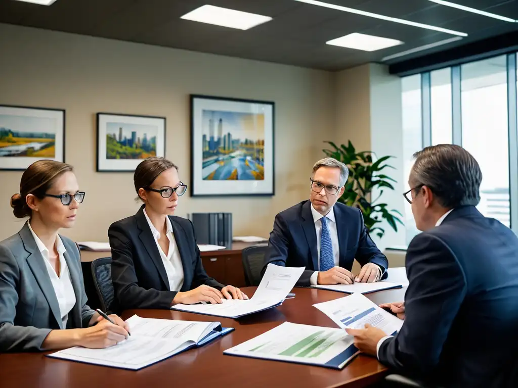 Equipo legal revisando regulaciones ambientales y documentos de gestión legal en oficina moderna