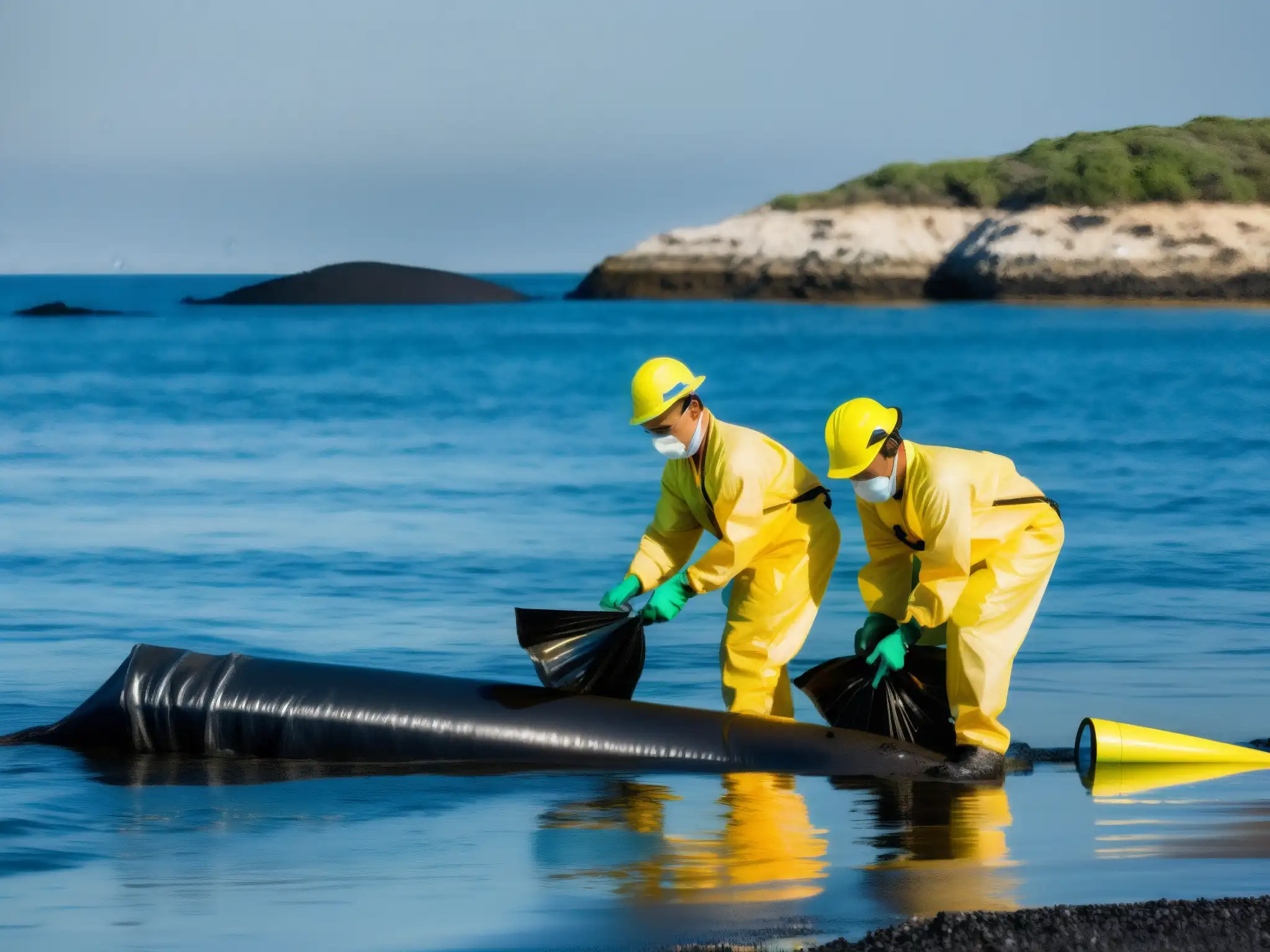 Equipo de limpieza en costa tras derrame de petróleo, aplicando tecnología avanzada, rescatando fauna y flora