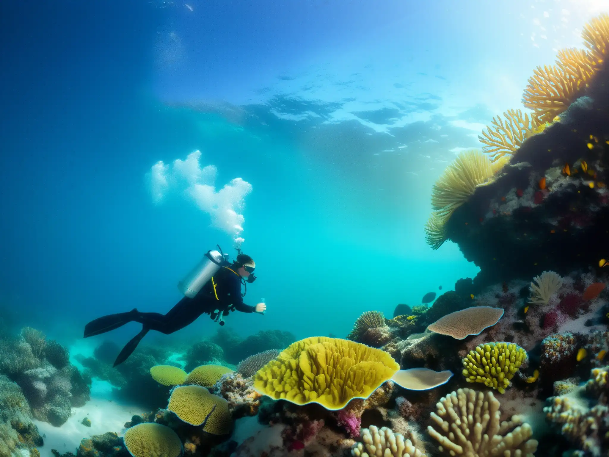 Un equipo de biólogos marinos y conservacionistas aplicando leyes de conservación marina mientras estudian el ecosistema submarino rodeado de arrecifes de coral y vida marina