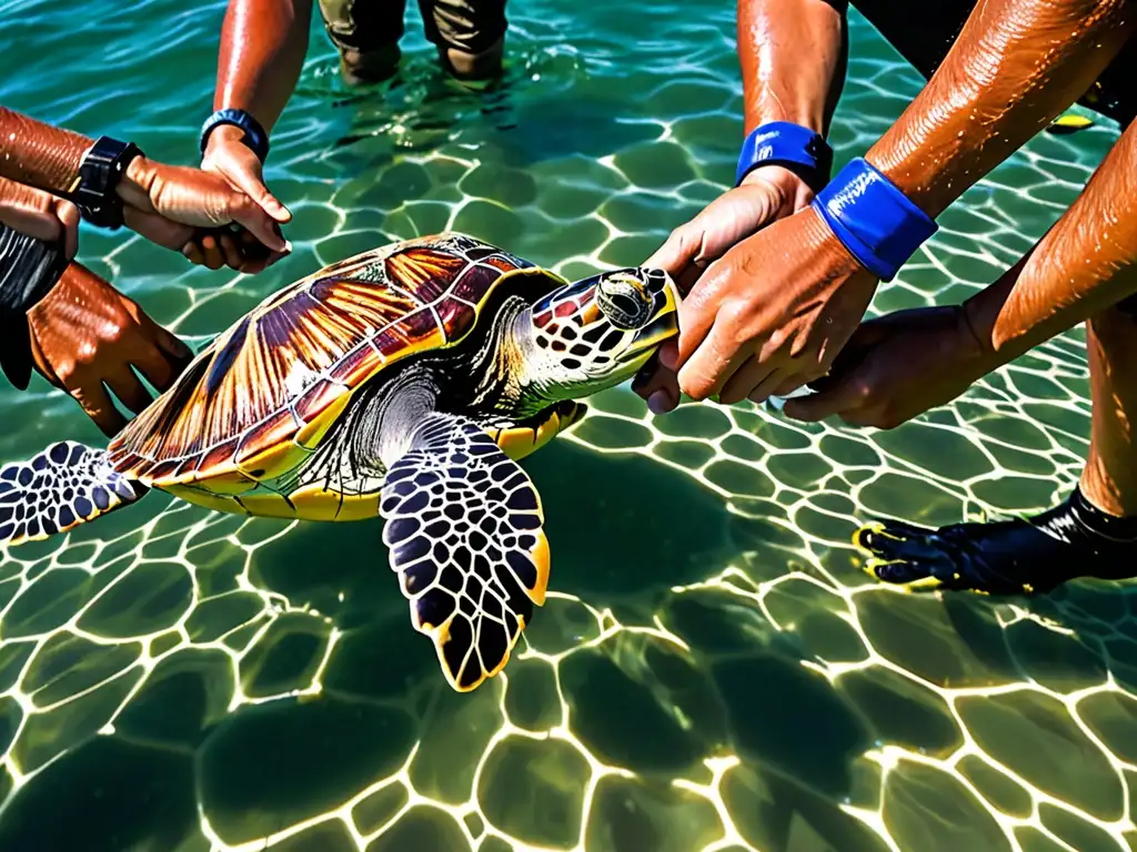 Un equipo de biólogos marinos libera con cuidado tortugas marinas rehabilitadas en el océano, mostrando la importancia de las regulaciones tráfico especies marinas