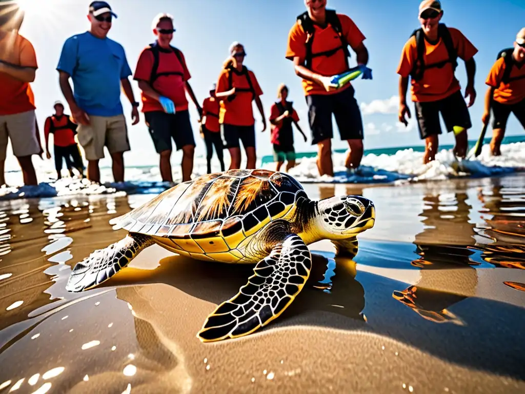 Un equipo de biólogos marinos libera tortugas marinas rehabilitadas en el océano, con colores vibrantes y la luz del sol sobre las olas