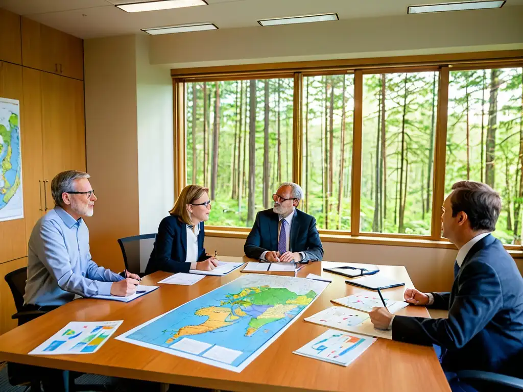 Un equipo de mediadores y expertos ambientales discuten tácticas de mediación efectivas en una sala iluminada por el sol, repleta de mapas y fotografías de paisajes naturales