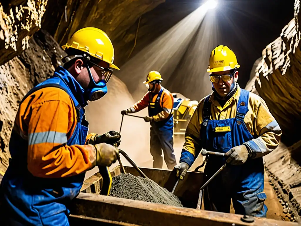 Un equipo de mineros trabajando en un ambiente industrial subterráneo, respetando las regulaciones de minería responsable y cuidado del medio ambiente