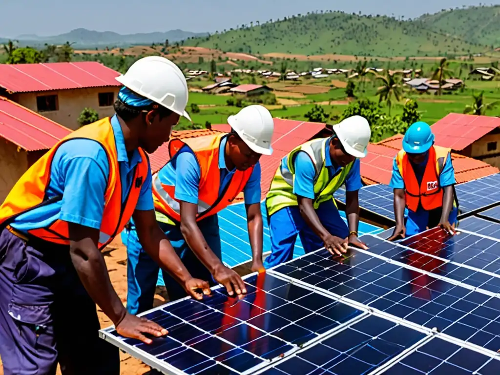 Equipo de ONG instalando paneles solares en comunidad rural, promoviendo Cooperación Internacional en Energía Renovable