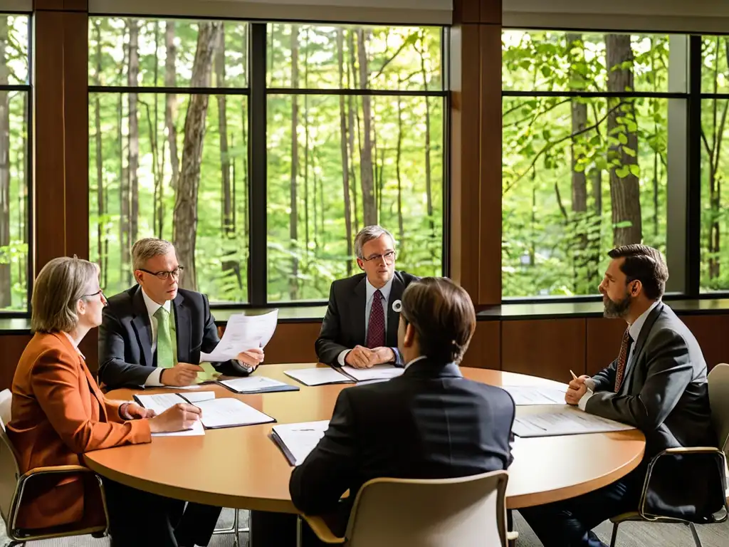 Equipo de profesionales discutiendo legislaciones locales protección bosques urbanos en reunión intensa y profesional, rodeados de documentos