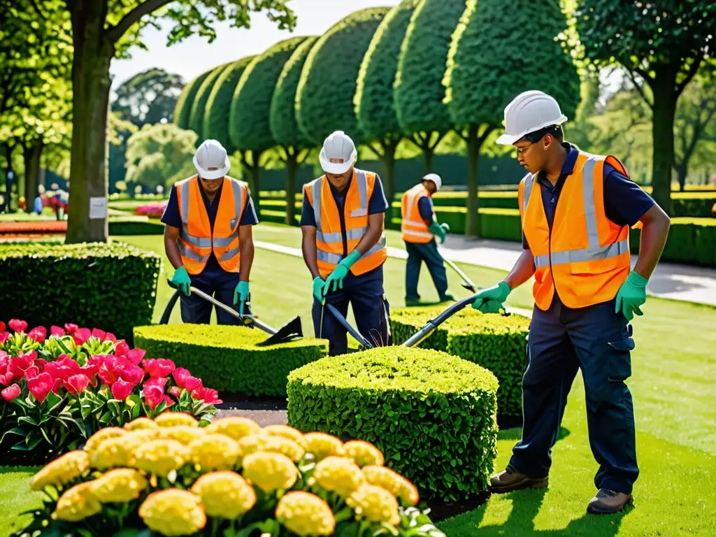 Equipo con responsabilidad legal mantenimiento parques cuidando meticulosamente un parque verde exuberante, con flores vibrantes y setos cuidados