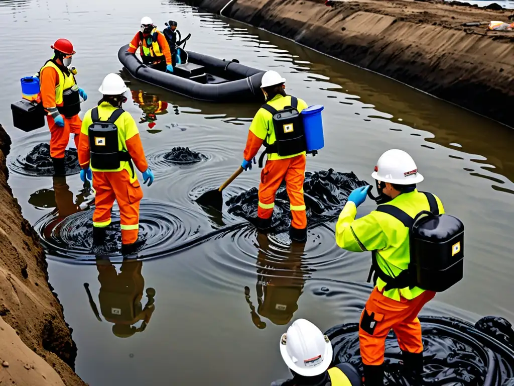 Equipo de respuesta a derrames de petróleo en acción, destacando la compleja Responsabilidad Corporativa en Desastres Ambientales