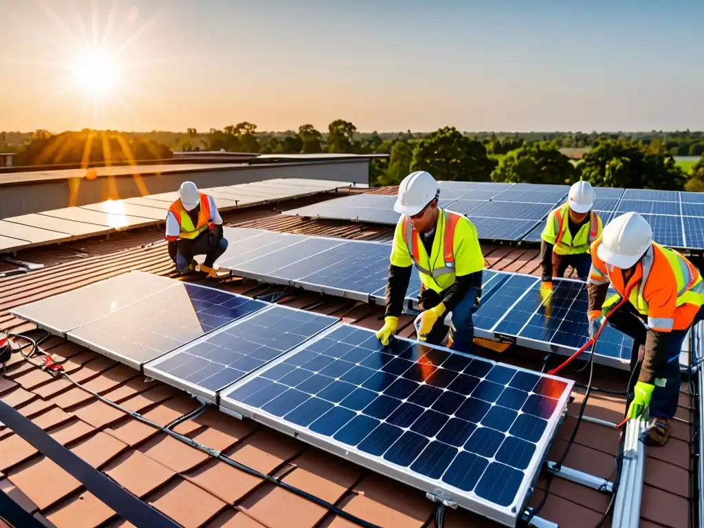 Equipo técnico instala paneles solares al atardecer, mostrando la precisión en regulación de micro redes energéticas