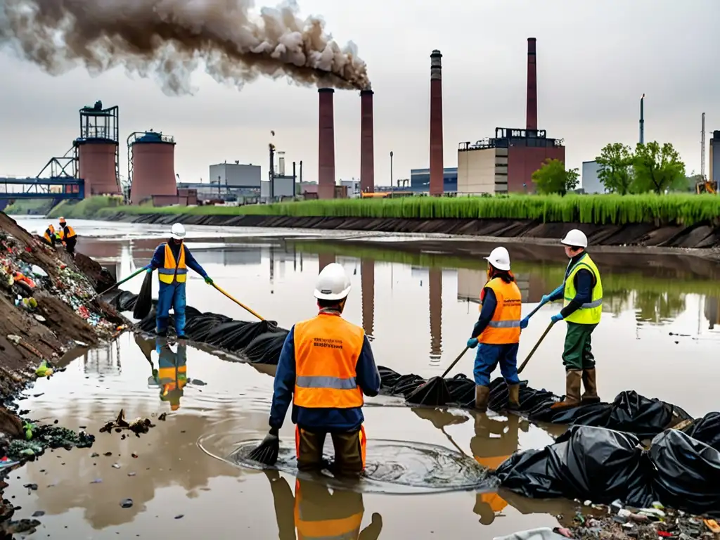 Un equipo de trabajadores en chalecos y cascos realizando una limpieza en un río contaminado