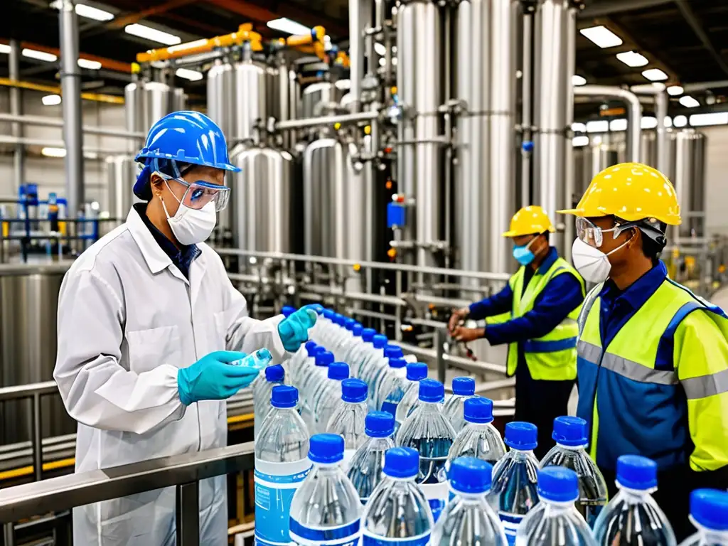 Un equipo de trabajadores supervisa con cuidado el embotellado de agua, asegurando normativas industria agua embotellada