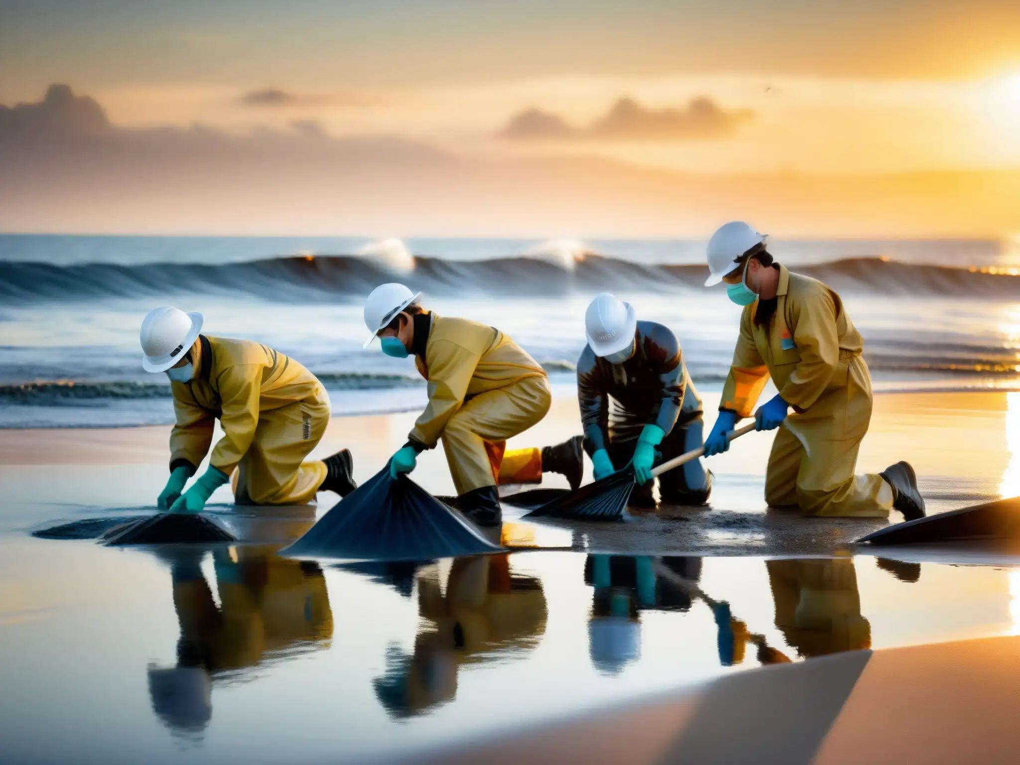 Equipo de trabajadores limpiando derrame de petróleo en la playa al atardecer, destacando la urgencia y la importancia de las regulaciones de prevención y respuesta a derrames de petróleo