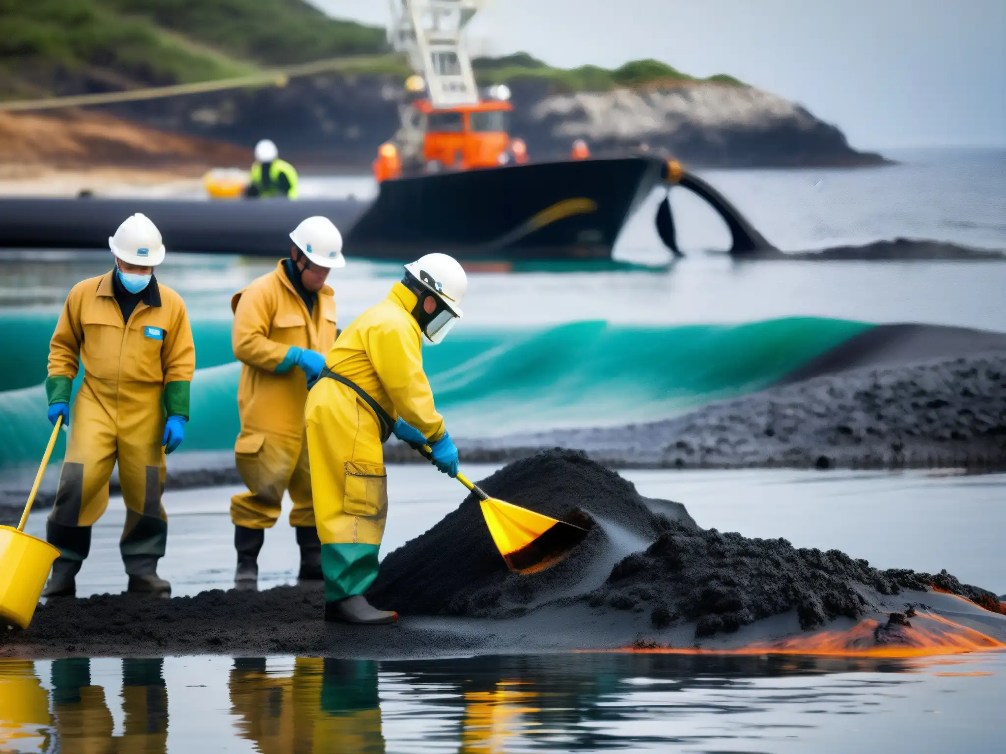 Equipo de trabajadores limpiando derrame de petróleo en la costa