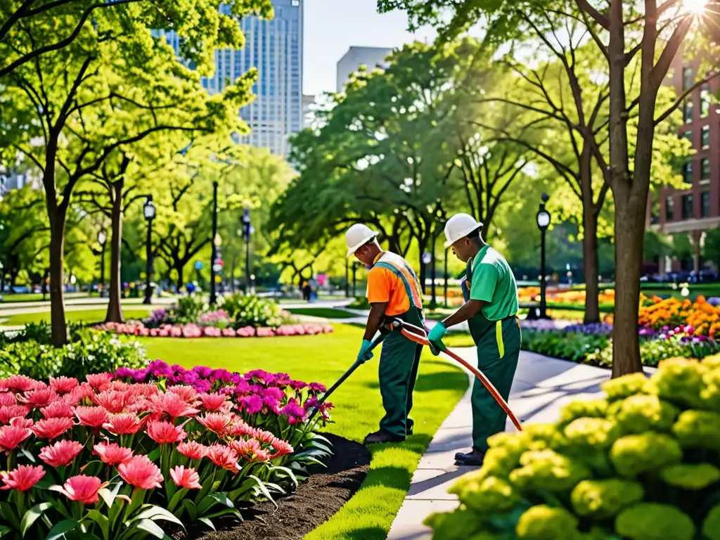 Un equipo de trabajadores municipales cuidando con responsabilidad legal el mantenimiento de parques urbanos, podando y regando plantas