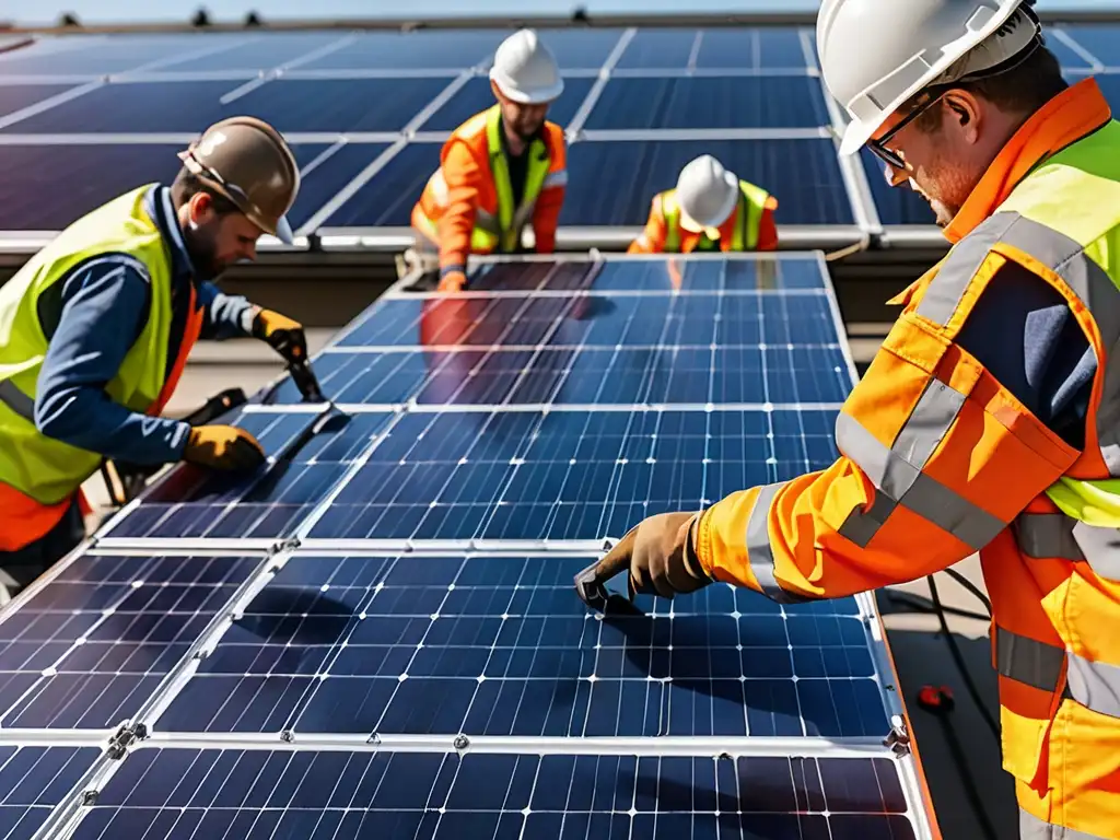 Un equipo de trabajadores instala paneles solares en un tejado con cuidado y precisión, resaltando los mecanismos de cumplimiento energía renovable