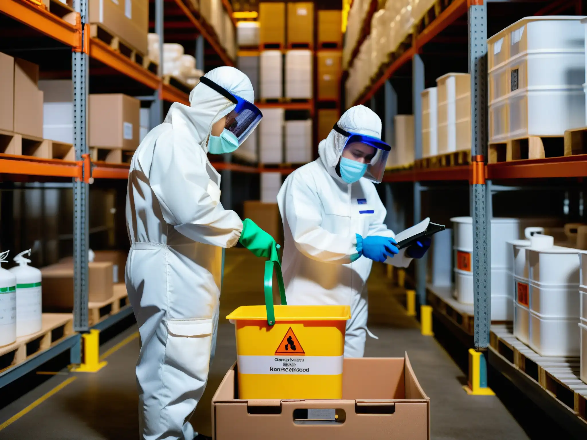 Un equipo de trabajadores en trajes protectores inspecciona minuciosamente y etiqueta contenedores químicos en un almacén