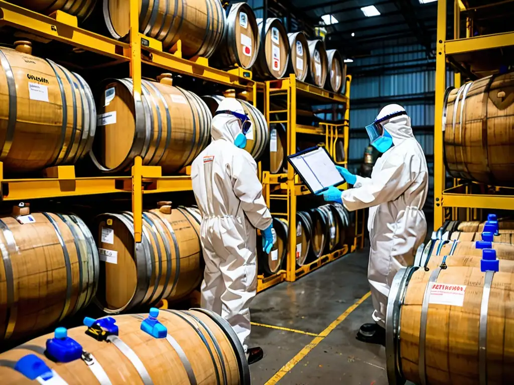 Un equipo de trabajadores en trajes protectores inspecciona meticulosamente barriles de productos químicos en un almacén