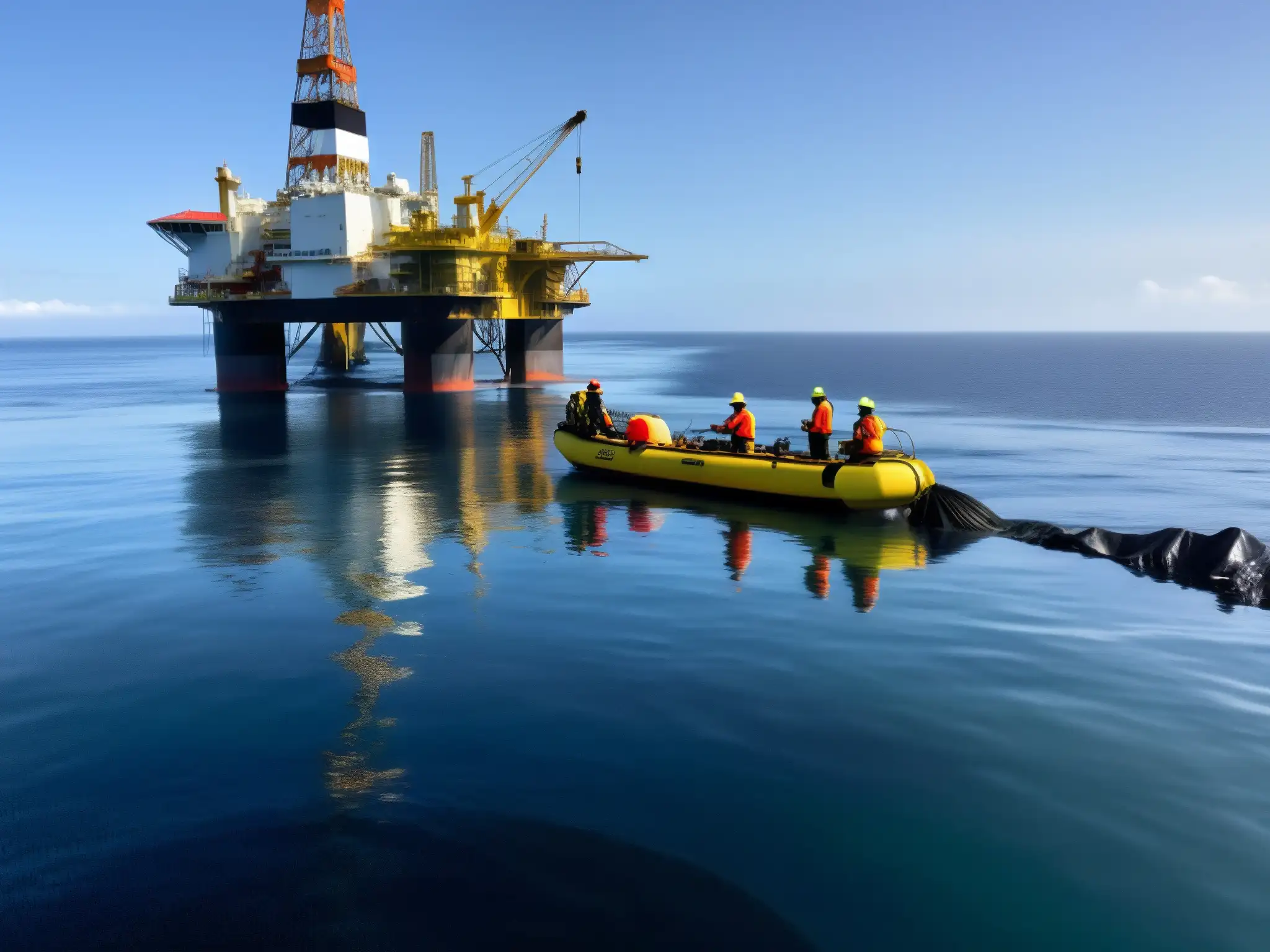 Equipo de trabajadores en trajes protectores conteniendo un derrame de petróleo en el océano, con una plataforma petrolera al fondo