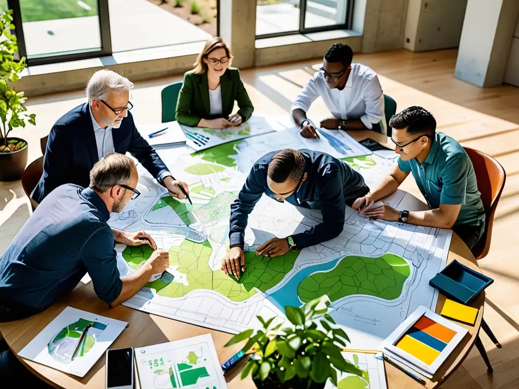 Equipo de urbanistas y paisajistas planificando la creación de nuevos parques y zonas verdes en una atmósfera creativa y llena de luz natural