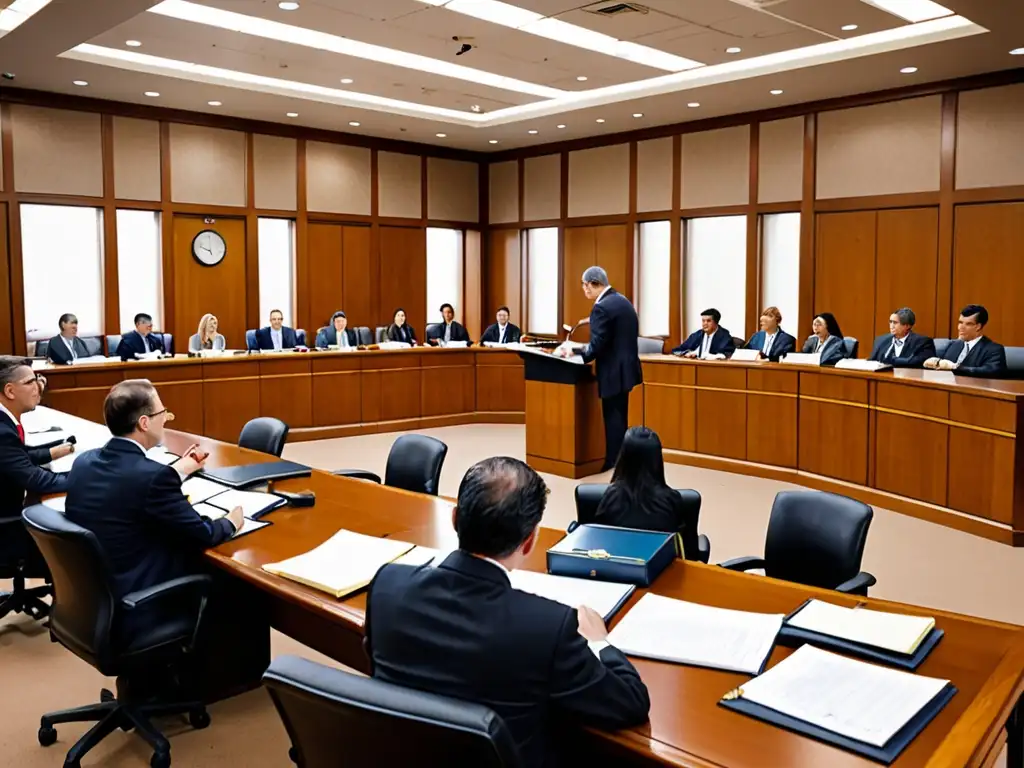 Escena en la corte con abogados, jueces y clientes en disputa legal sobre regulaciones ambientales, destacando el Impacto legal ISO 14001 ambiental