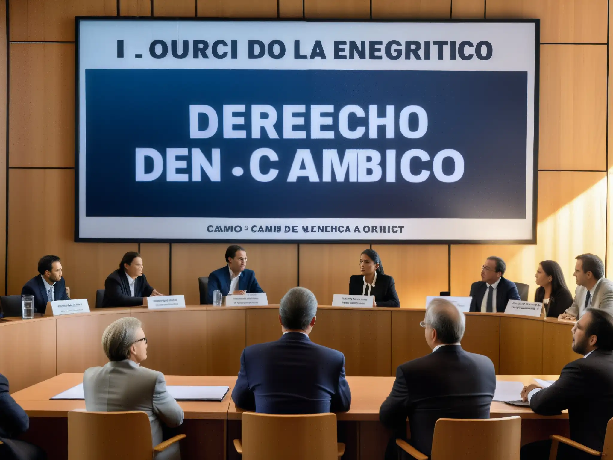 Escena en la corte con abogados y jueces atentos, mientras un cartel destaca 'Derecho de la energía en cambio climático