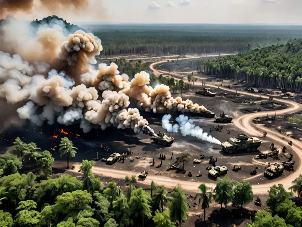 Escena de devastación por conflicto armado y explotación ambiental, con bosque denso en primer plano y humo al fondo