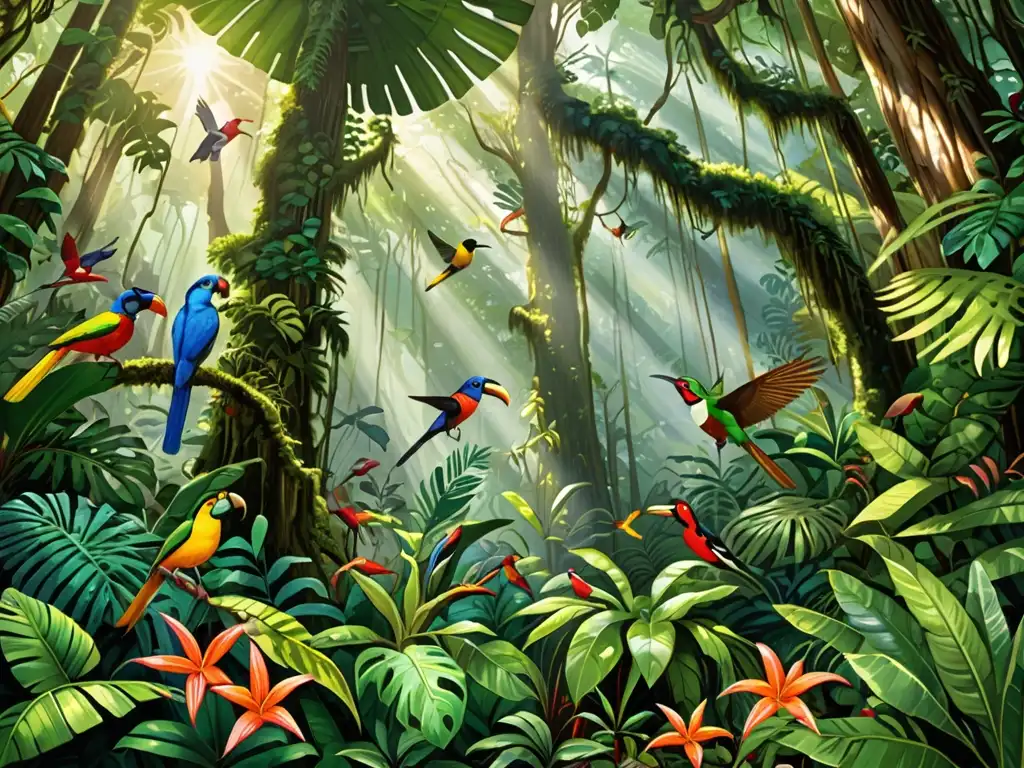 Maravillosa diversidad en la selva tropical: flora, fauna y luz Escena exuberante de un bosque lluvioso con biodiversidad destacada, resaltando la regulación de emisiones en países en desarrollo