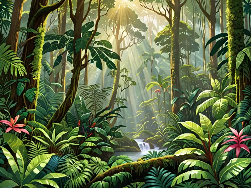 Escena exuberante de selva lluviosa, con diversidad de flora y fauna