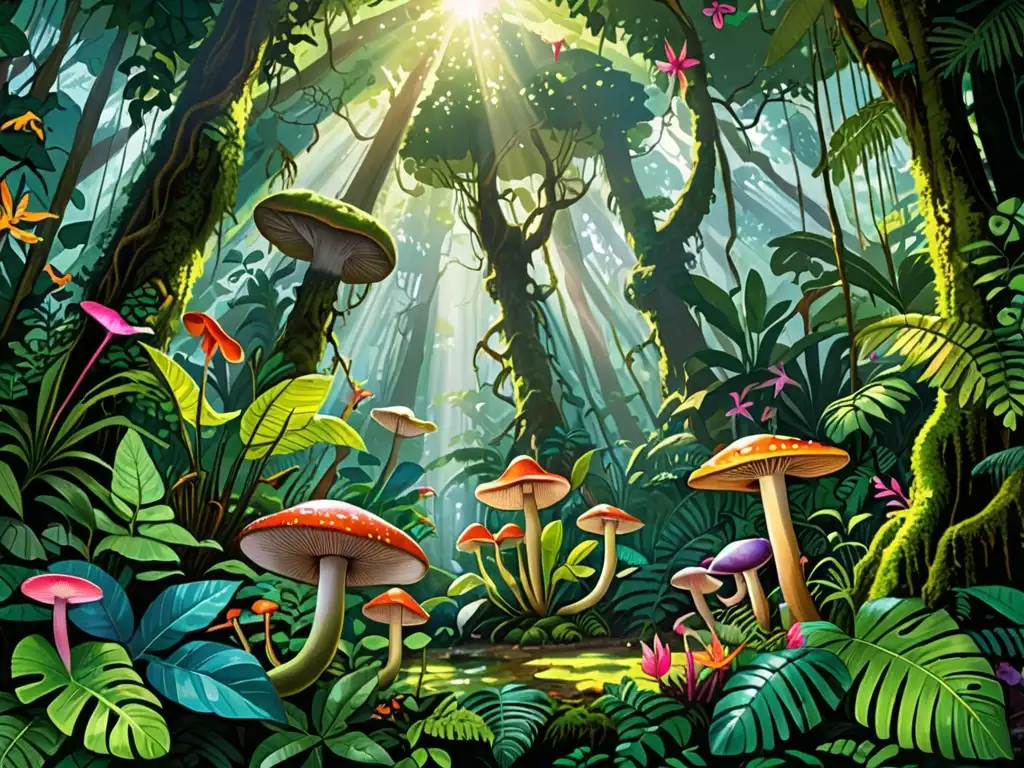 Escena exuberante de selva lluviosa con vida vegetal y animal diversa