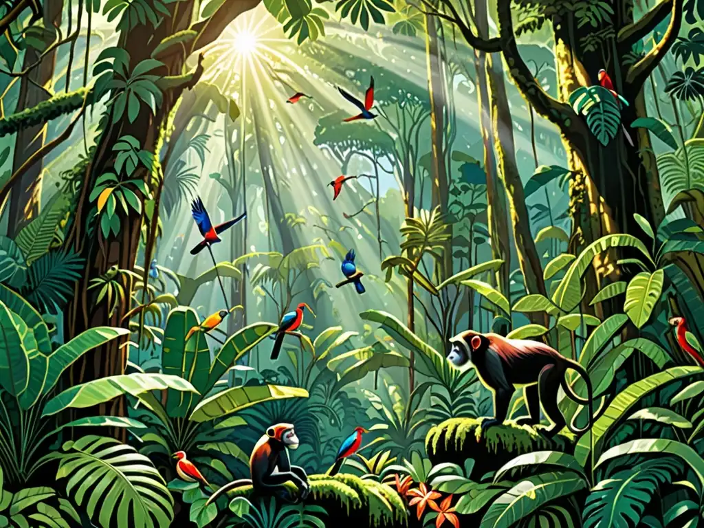 Escena exuberante de selva lluviosa con vida silvestre colorida y árboles majestuosos