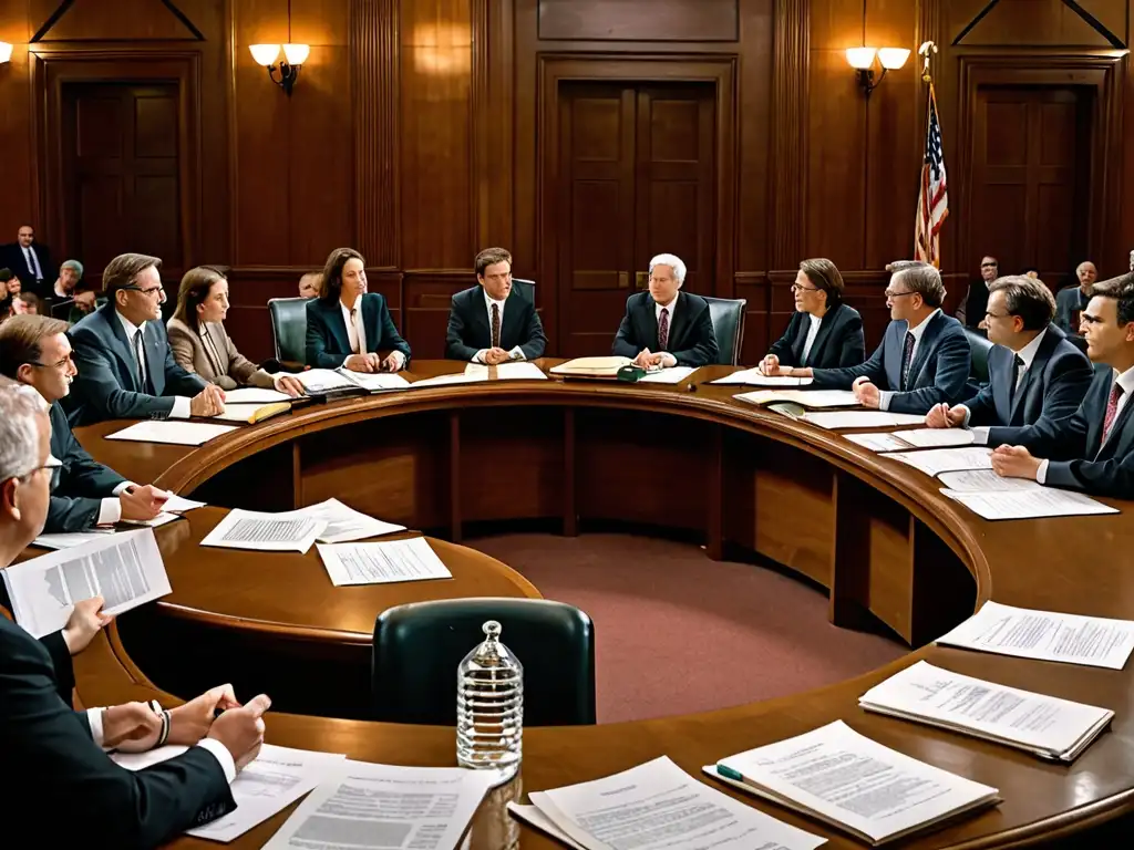 Escena histórica en la sala del tribunal con jueces, abogados y activistas ambientales debatiendo la Integración de tecnología en educación ambiental