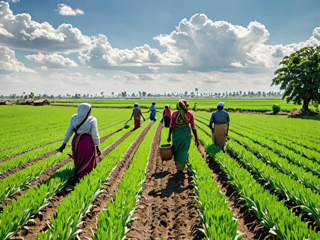 Campos de cultivo sostenible: armonía humana y natural Una escena idílica de cultivos verdes y agricultores trabajando en armonía