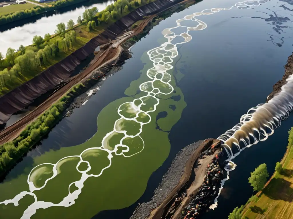 Escena impactante de contaminación industrial en un río, resaltando el desafío de la Convención de Estocolmo sobre Contaminantes Orgánicos