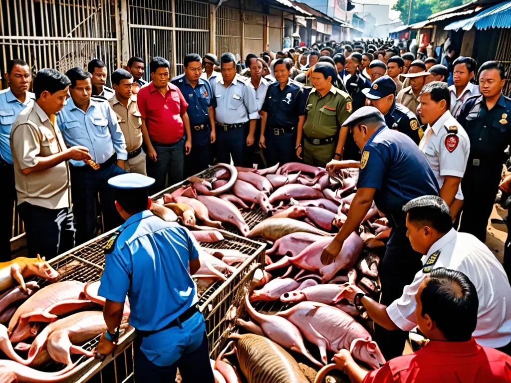 Escena impactante de redada en mercado ilegal de especies protegidas, con agentes y activistas