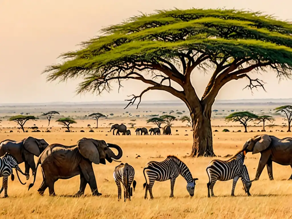 Escena serena y armoniosa en un parque nacional de África, con leones, elefantes, jirafas y cebras coexistiendo en una exuberante sabana al atardecer