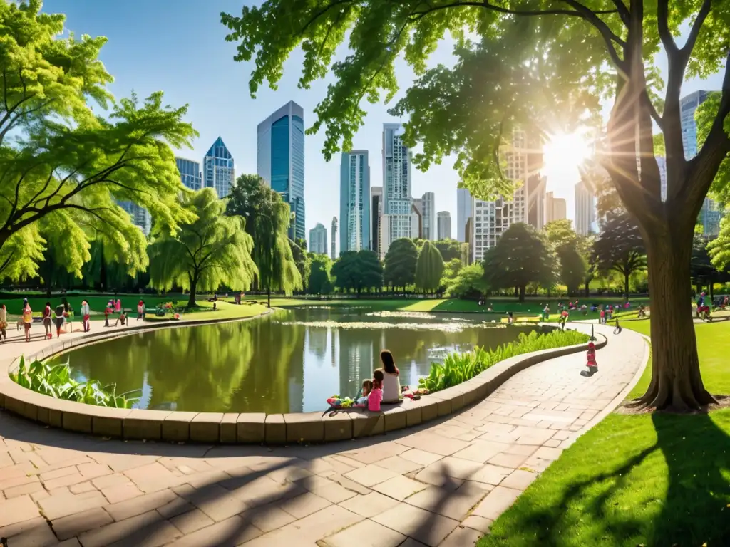 Escena tranquila en un parque urbano con frondosa vegetación y familias disfrutando, contrastando con rascacielos de la ciudad al fondo