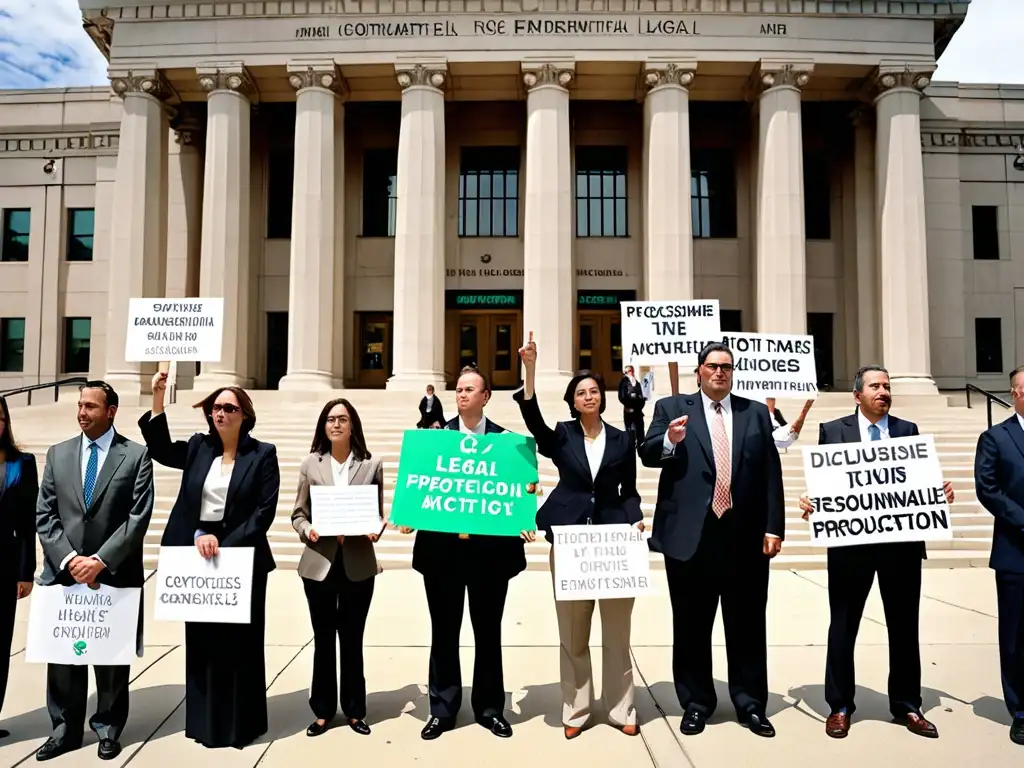 Escena de tribunal con abogados, jueces y activistas ambientales, destacando la importancia de las resoluciones legales en conflictos ambientales