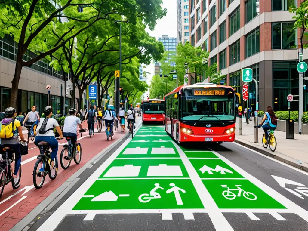 Escena urbana con buses eléctricos, ciclistas y peatones, rodeada de vegetación y edificios ecológicos