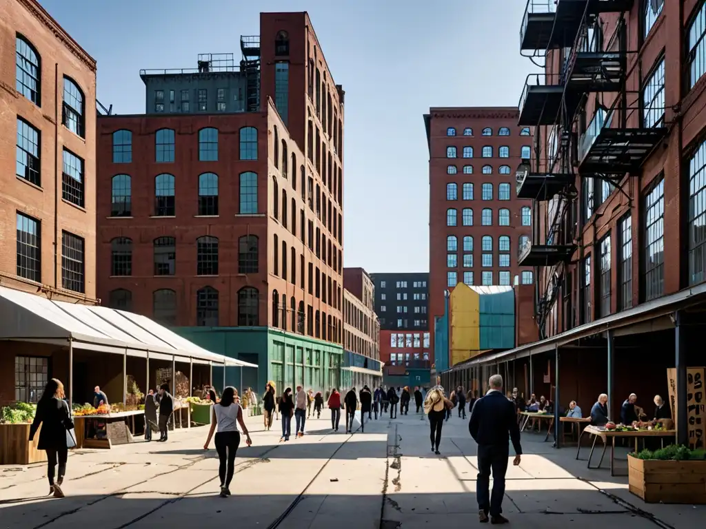 Renovación urbana: transformación postindustrial Una escena urbana dinámica muestra la renovación postindustrial, con antiguas fábricas transformadas en espacios comunitarios