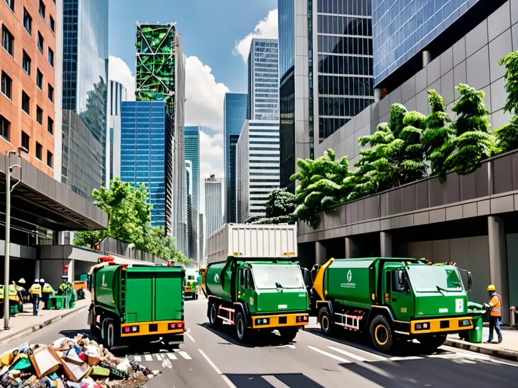 Una escena urbana moderna con sistemas avanzados de gestión de residuos y ambiente sostenible