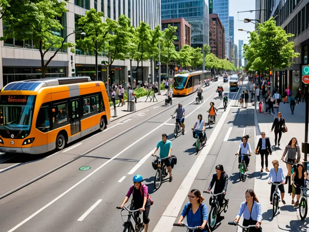 Escena urbana sostenible con bicicletas, scooters y tranvía, reflejando el marco legal de políticas de movilidad urbana sostenible