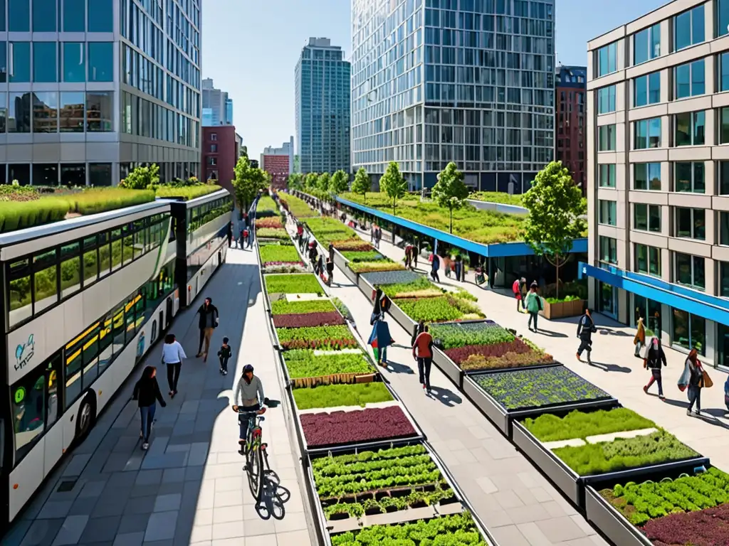 Escena urbana sostenible con edificios modernos, paneles solares, jardines verticales y transporte ecológico