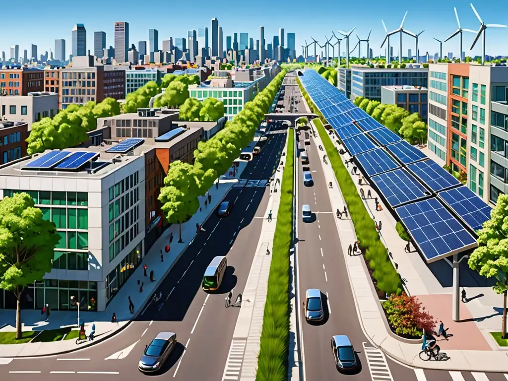 Escena urbana sostenible con energía verde y políticas urbanas contra calentamiento global