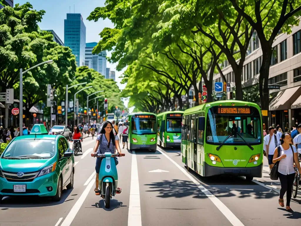 Escena urbana con transporte sostenible en América, promoviendo iniciativas de movilidad ecoamigables y comunidad comprometida