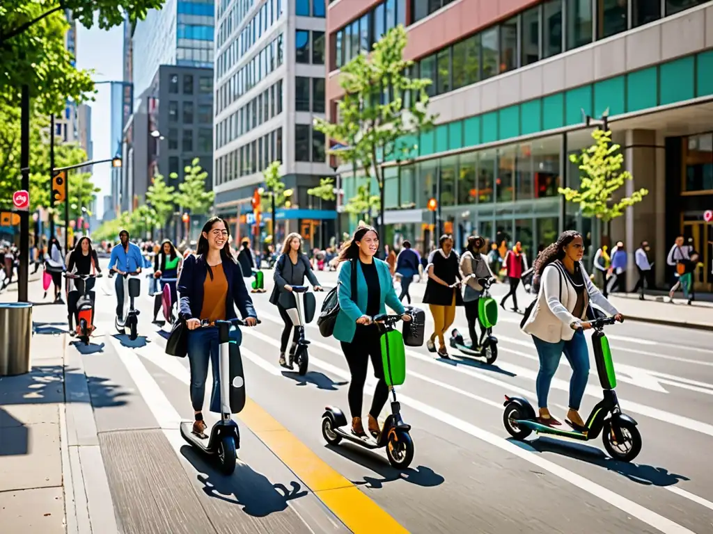 Una escena urbana vibrante y diversa, con diferentes modos de transporte y arquitectura moderna sostenible