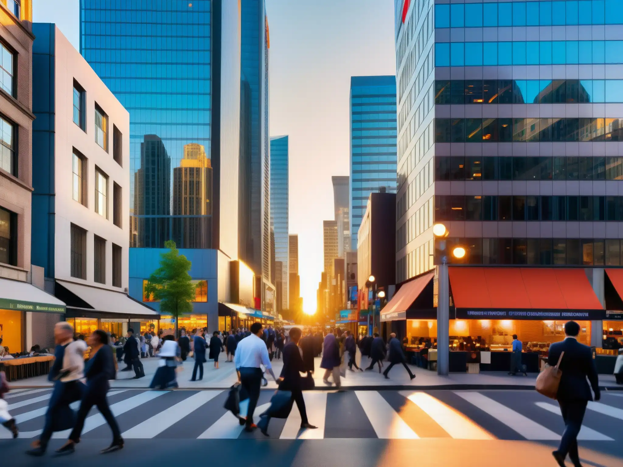 Una escena urbana vibrante con diversidad de negocios y actividad profesional, iluminada por el cálido atardecer