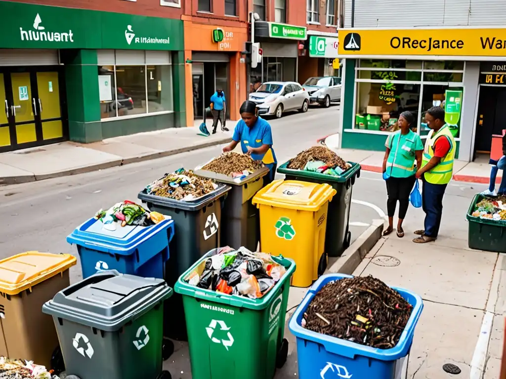 'Escena urbana vibrante con gente clasificando residuos en esquinas